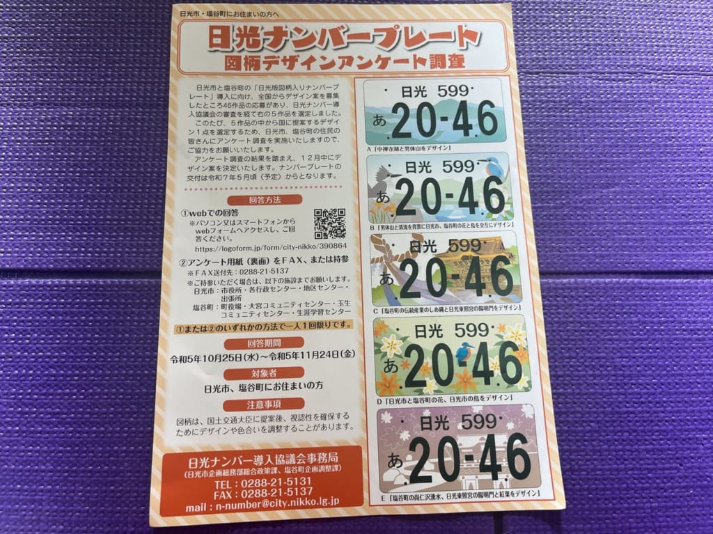 日光ナンバープレート図柄デザインアンケート調査用紙